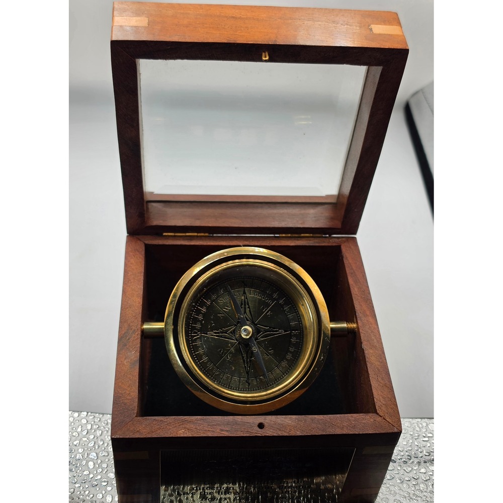 Stanley London Brass Gimbal Compass in Wood Box Thoreau Quote Plaque